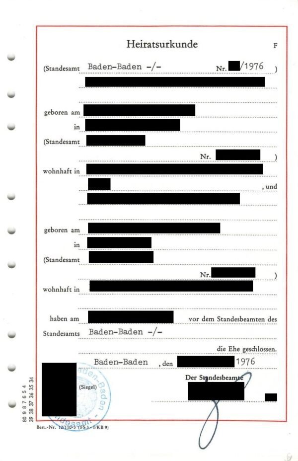 Eheurkunde oder Heiratsregisterauszug